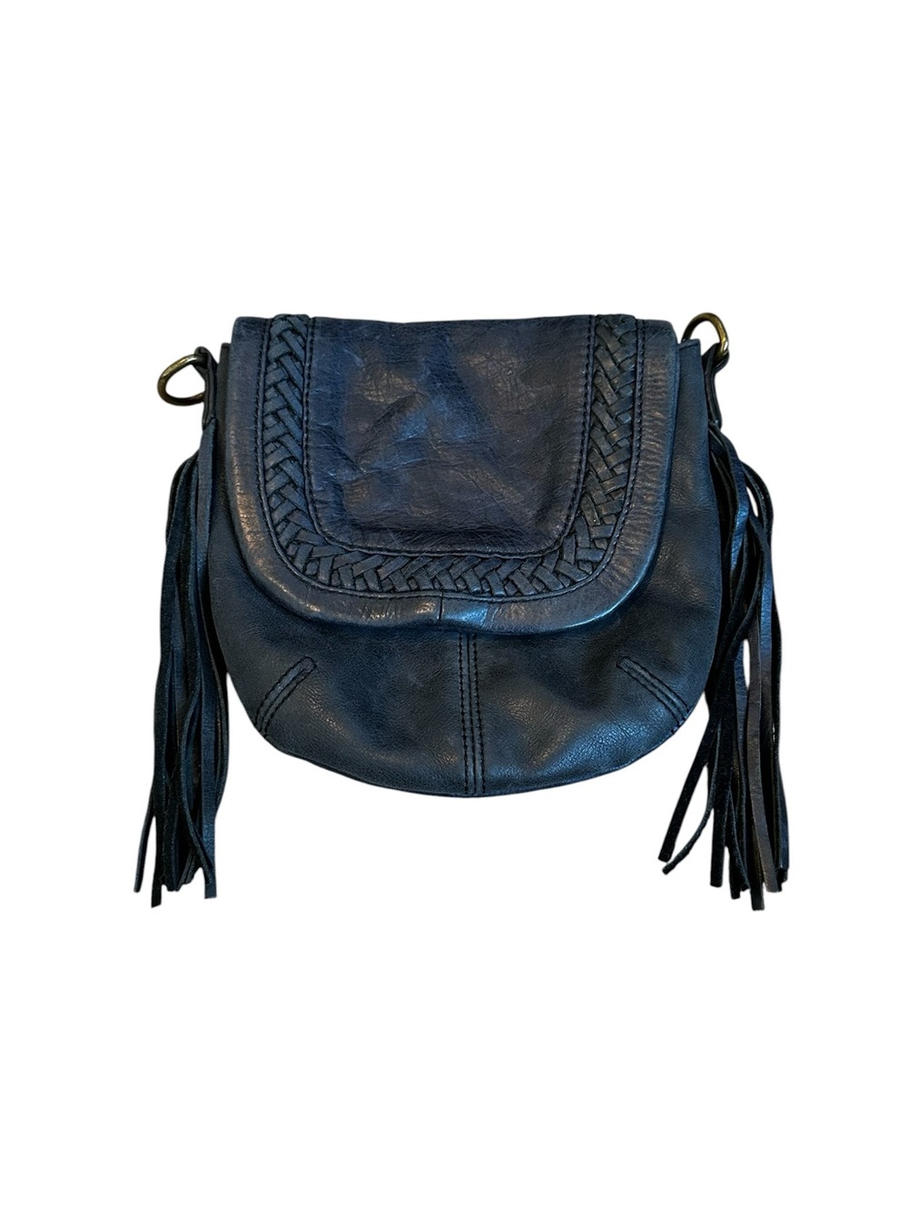 Vintage Fossil Blue Leather Mini Bag Tassle Fringe Trim Y2K Boho Hippie Indie